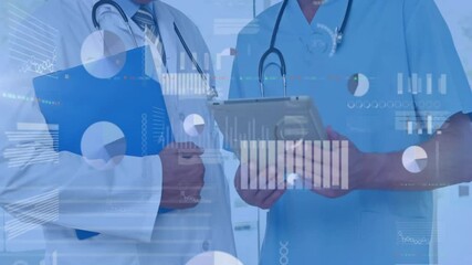 Poster - Animation of data processing over caucasian male doctors using tablet
