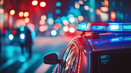 Wall Mural - Police car with flashing lights at night. AI generated image