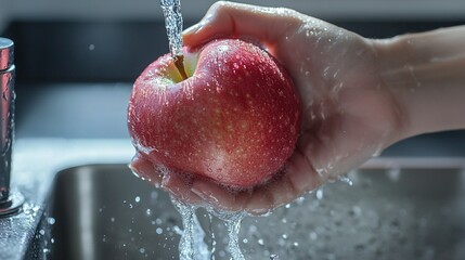 Wall Mural -   A red apple being washed in a kitchen sink with water coming out of the faucet and a hand holding the apple