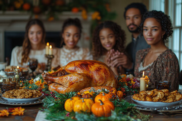 Wall Mural - A family stands around the Thanksgiving table, holding hands and sharing a moment of blessing before the holiday meal. Warm lighting emphasizes the atmosphere of gratitude and togetherness