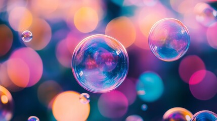Poster - Colorful soap bubbles against bokeh background, abstract art concept