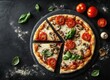 © Sabina Gahramanova - The pizza is cut into slices and lies on the stone plate on a dark background with mushrooms, tomatoes, basil leaves, mozzarella cheese, and Parmesan, representing Italian cuisine, a restaurant menu