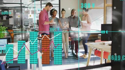 Poster - Animation of data processing over diverse business people talking in office