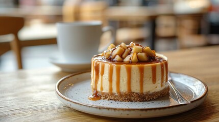 Wall Mural -  Cheesecake with caramel drizzle and coffee on a plate