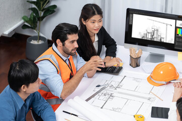 Poster - Diverse group of civil engineer and client working together on architectural project, reviewing construction plan and building blueprint at meeting table. Prudent