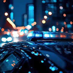 Police car with flashing lights at night. AI generated image