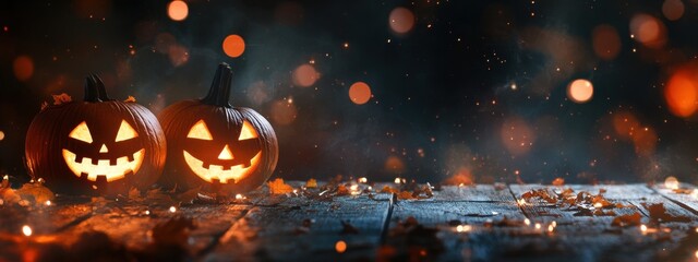 Wall Mural - dark background with blurred lights and halloween pumpkins on a wooden table banner, panorama, copy 