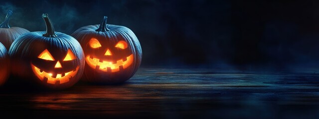 Wall Mural - dark background with halloween pumpkins illuminated by lights, banner for copy space smiling carved 