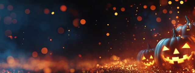 Wall Mural - dark background with blurred lights and halloween pumpkins on the right side, a banner for a hallowe