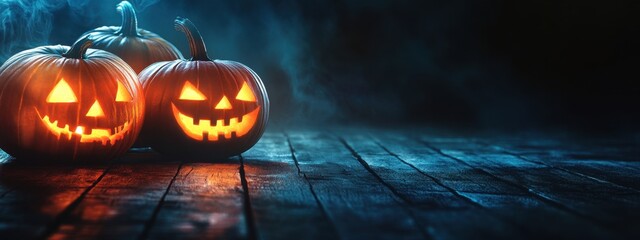 Wall Mural - dark background with halloween pumpkins illuminated by lights, banner for copy space smiling carved 