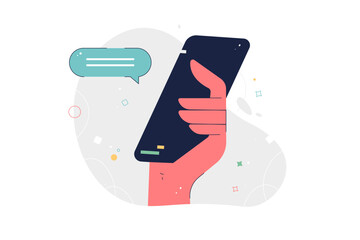Poster - Smartphone user activity concept. Flat Cartoon Vector Illustration. Use Smartphones Surfing in Social Media. Talking in Mobile App. Chatting. Hand holding smartphones, using apps, social media, chats