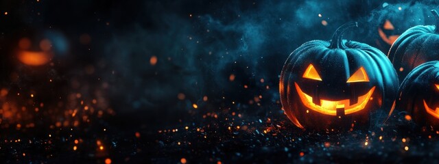 Wall Mural - halloween banner with pumpkins and glowing lights on a dark background, with copy space for text gen