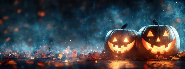 Wall Mural - halloween pumpkins illuminated by warm lights on a dark background with copy space for a banner capt