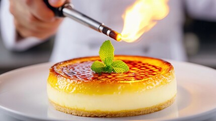 Poster - A chef is lighting a candle on top of dessert, AI