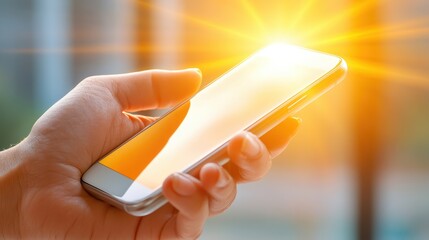 Poster - A person holding a cell phone in their hand with the sun shining on it, AI