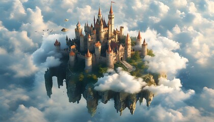 Whimsical floating castle surrounded by clouds, featuring books and globes, with a majestic throne embodying leadership principles and wisdom in the sky