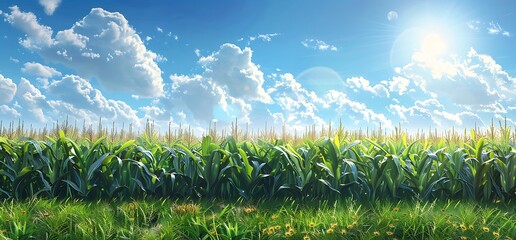 Wall Mural - Lush cornfield under a bright blue sky with fluffy clouds.