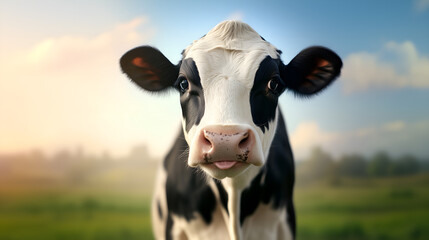 portrait of a cute black & white cow showing its tongue