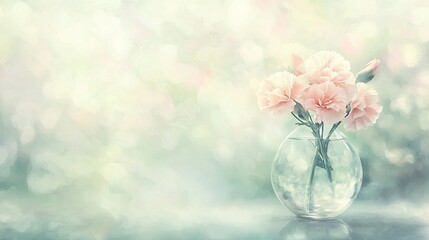 Wall Mural -   A vase filled with pink flowers rests atop a table amidst a hazy forest backdrop