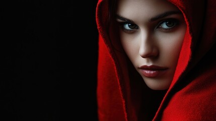 Wall Mural - A close-up portrait of a woman in a red hood, conveying mystery and intrigue.