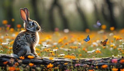 Charming rabbit perched on a log surrounded by vibrant flowers and fluttering butterflies