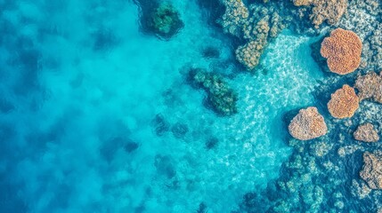 Aerial view of a vibrant coral reef in clear blue waters, showcasing the beauty of marine life and underwater ecosystems.