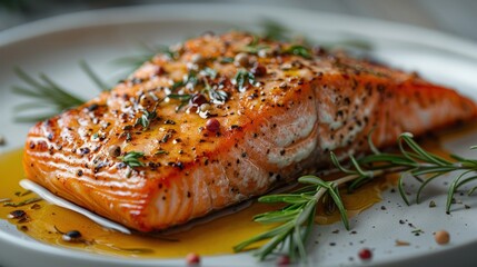 A close-up of a perfectly cooked salmon fillet, garnished with rosemary, peppercorns, and drizzled with a lemon-butter sauce.