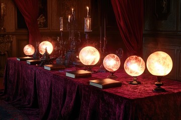 Wall Mural - Mystical gathering with Gothic decor featuring a grand banquet table draped in deep crimson fabric, adorned with ancient-looking spell books and glowing crystal balls