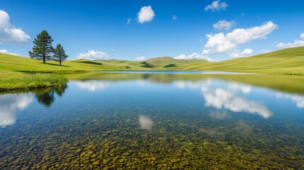 Wall Mural - A serene landscape featuring a calm lake reflecting the sky and hills, surrounded by green grass and trees.