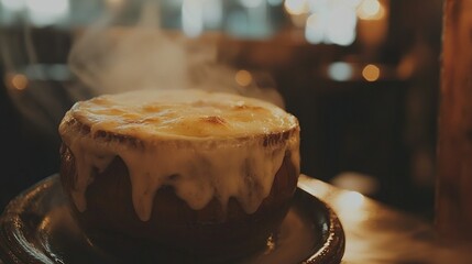   A close-up of a cake on a plate with a lot of steam rising from its top