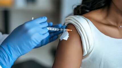 Close up of woman getting injected with a vaccine in upper arm