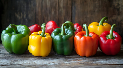 Wall Mural - Colorful Arrangement of Fresh Bell Peppers on a Rustic Wooden Surface