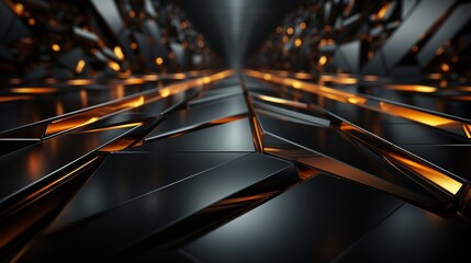 Luxury abstract black metal background with golden light lines.