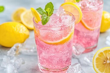 Refreshing pink lemonade served in a glass with ice, garnished with lemon slices and mint, perfect for summer