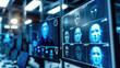 © scaliger - Facial recognition technology, human faces on computer screens in security room, digital scanning of persons. Concept of identification, monitor, surveillance