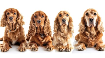 Canvas Print - Four dogs with brown fur and floppy ears are laying down on a white background