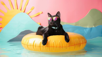 Poster - A black cat is wearing sunglasses and sitting on a yellow inflatable pool float