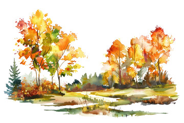 Wall Mural - autumnal watercolor landscape isolated on white or transparent png