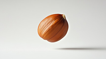 A single hazelnut, falling against a plain white backdrop, perfectly in focus.