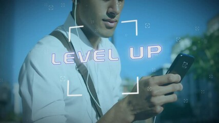 Sticker - Animation of level up text and data processing over biracial businessman using smartphone