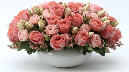 Wall Mural -   A pink rose bouquet in a white vase on a white background with greenery in the center