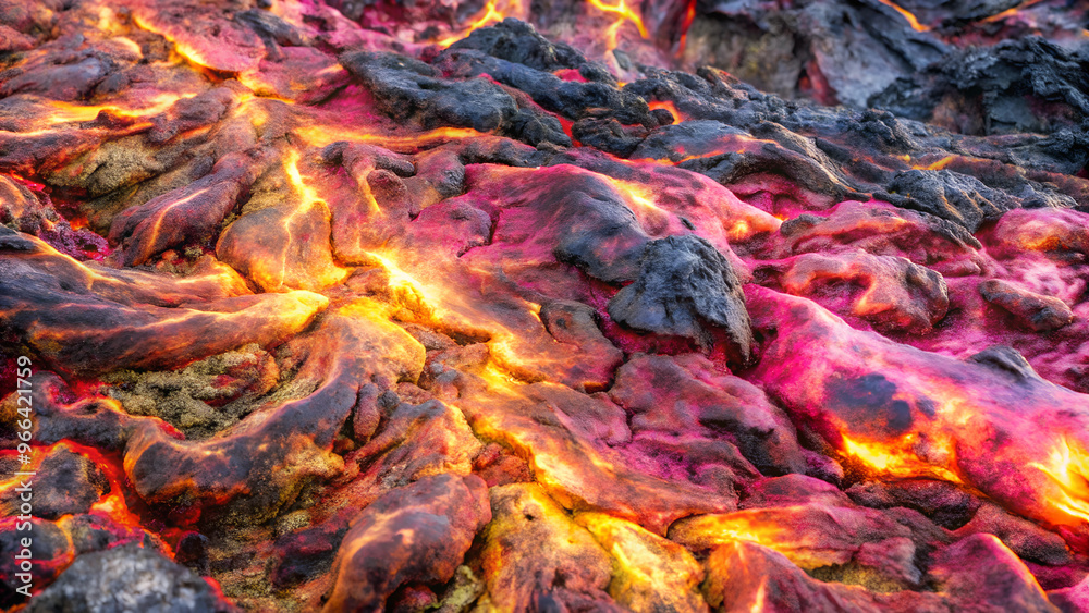 Lava flow with glowing red and orange hues, showcasing fiery textures ...