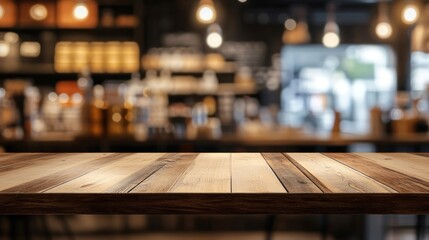 Wall Mural - Wooden Tabletop with Blurred Cafe Background