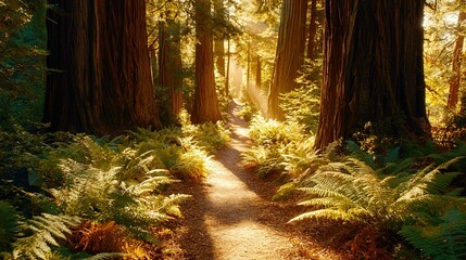 Poster -   A forest trail with towering trees and lush ferns on either side