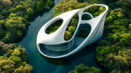 sustainable green building environmentally friendly buildings Future green business idea Environmental sustainability goals in 2050. White building shape amidst pristine nature.