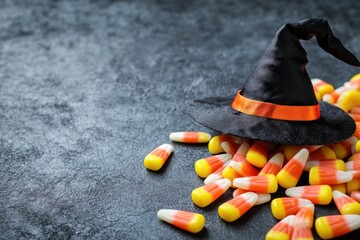 Canvas Print - A Halloween-themed image featuring a witch's hat atop a pile of candy corn.