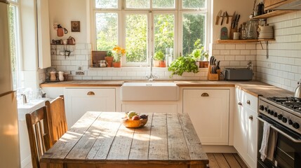 Poster - A sunny kitchen with white tile walls, a wooden table and sink.