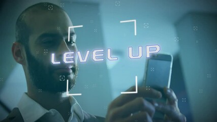 Poster - Animation of level up text and data processing over biracial businessman using smartphone