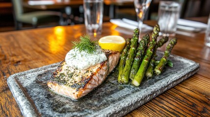 Poster -  A salmon, asparagus, and lemon plate with a glass of water on a table