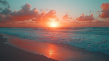 Wall Mural -   The sky is pink and blue as the sun sets over the ocean and waves crash onto the beach